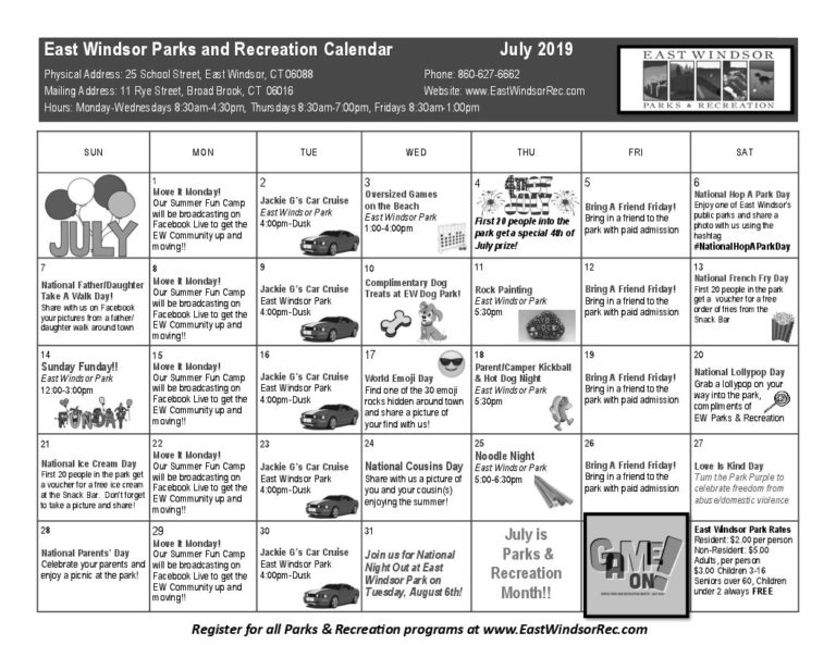 July East Windsor Parks and Recreation Calendar East Windsor Chamber